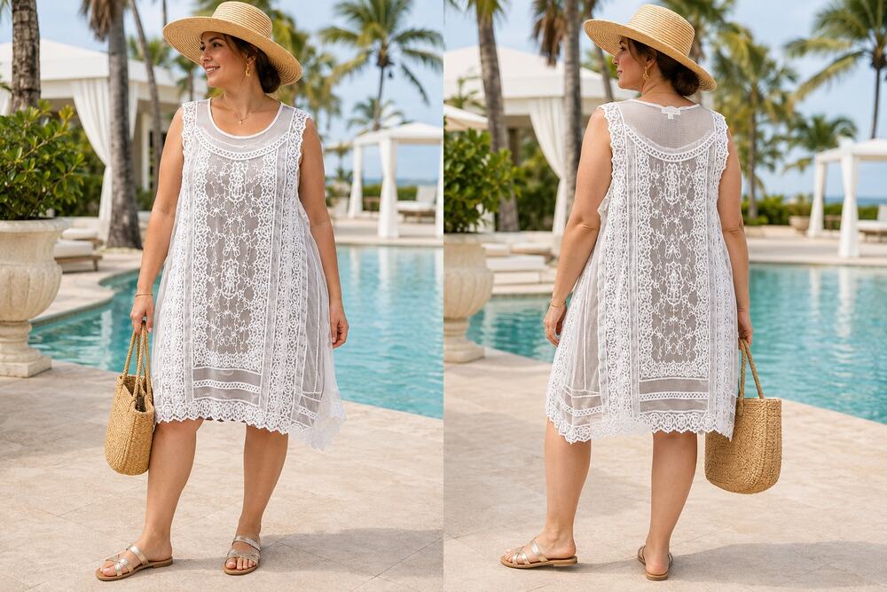Cream Floral Lace Swim Cover Up Tunic Sheer Boho Resort Beach Large  Description